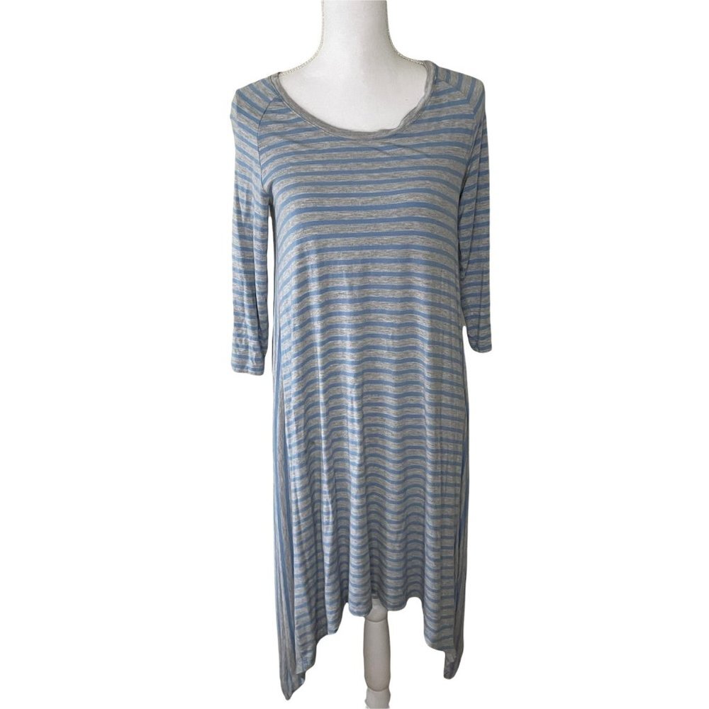 Matilda Jane Gray Light Blue Striped T-Shirt Midi Dress Med